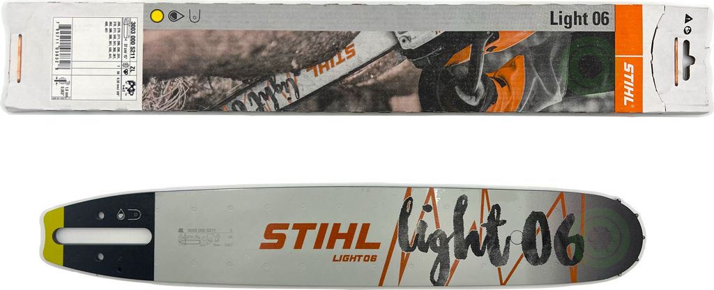 A product shot of a STIHL chainsaw bar and its packaging.