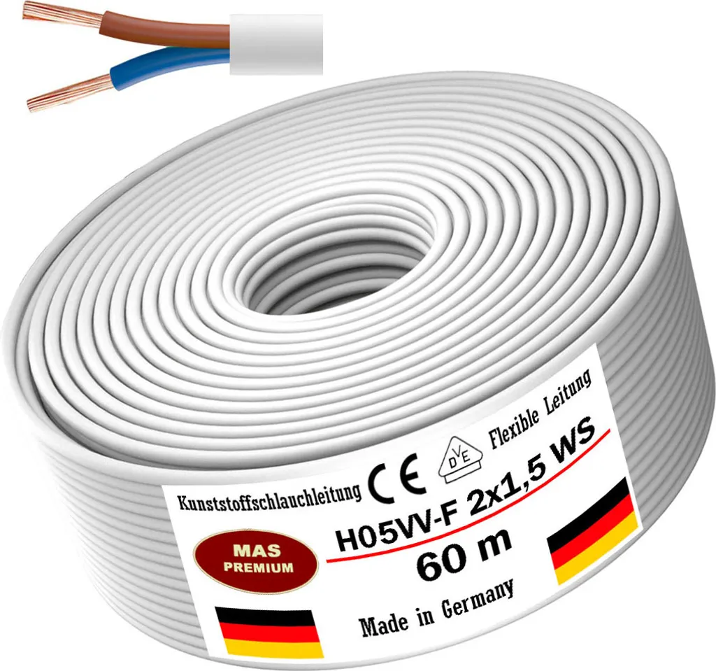 Cavo Flessibile H05VV-F 2x1,5 Bianco 60m per Elettrodomestici - Qualità