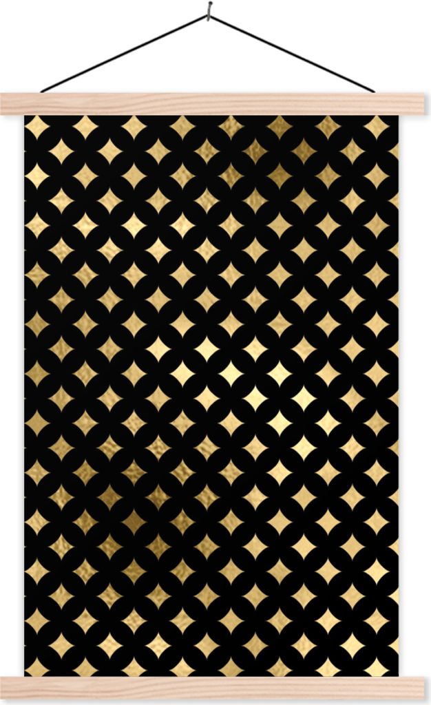 MuchoWow Textilposter Muster - Gold - Schwarz - Kariert 60x90 cm mit holzfarbenen Rahmen - Textil