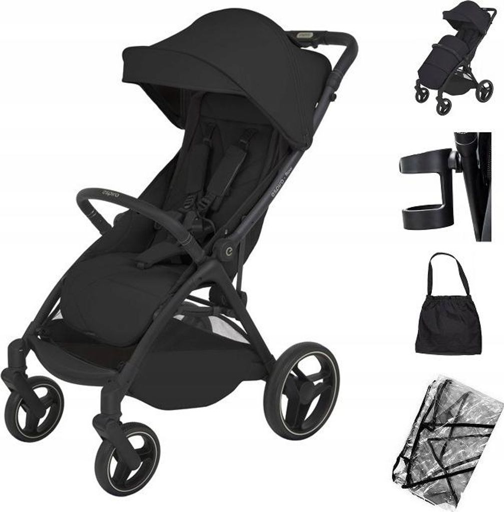 Espiro Flow Kinderwagen Zeitlos Schwarz Mit Selbstfaltender Regenfolie