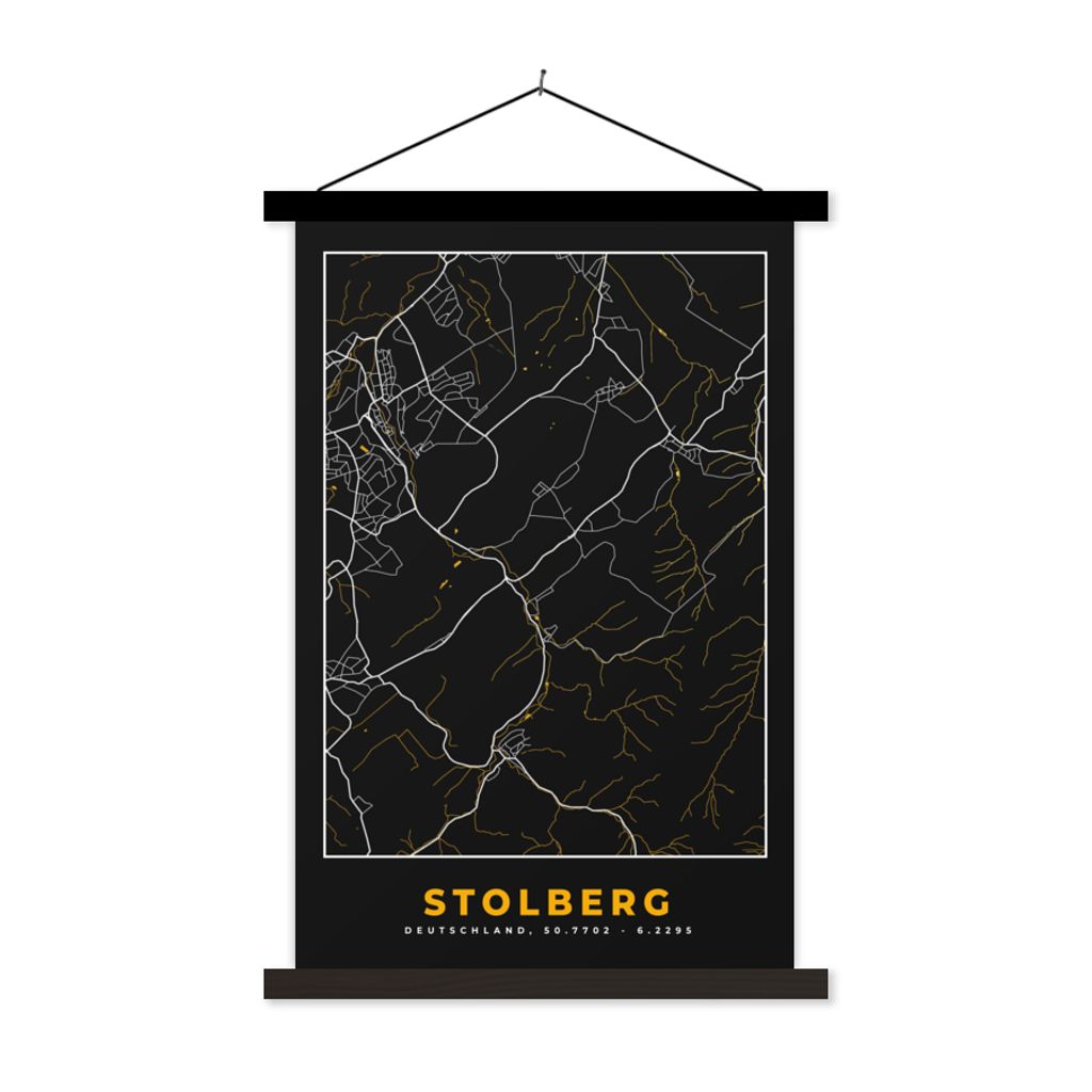 MuchoWow Textilposter Schwarz und Gold - Stadtplan - Stolberg - Deutschland - Karte 120x180 cm mit schwarzem Rahmen - Fotos