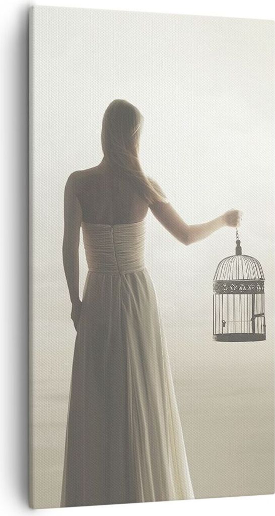 Bild auf Leinwand - Leinwandbild - Einteilig - Frau Käfig Vogel - 55x100cm - Wand Bild - Wanddeko - Wandbilder - Leinwanddruck - Bilder - Wanddeko...