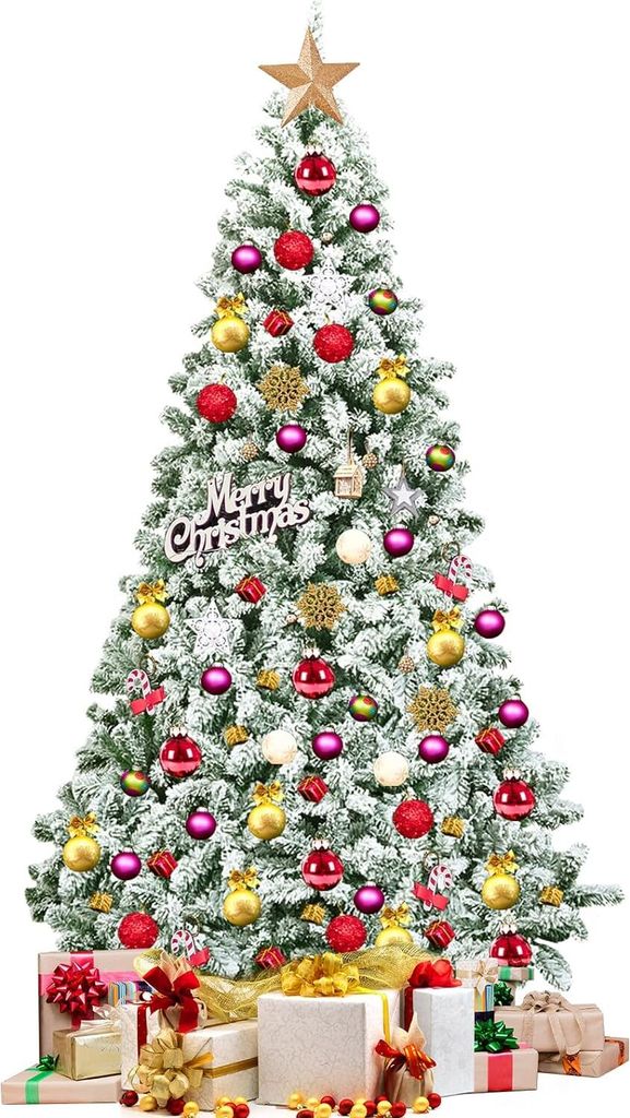 KOMFOTTEU 225 cm Weihnachtsbaum, künstlicher Tannenbaum mit Schneeflocken, Weihnachtsdekoration mit Metallbasis, Christbaum klappbar für Feste, P...