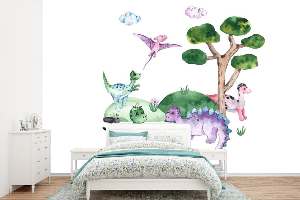 MuchoWow Fototapete für Wohnzimmer oder Schlafzimmer Wandtapete Vinyl Motivtapete Kinderzimmer - Farben - Dinosaurier - Jungen - Mädchen - Kind...