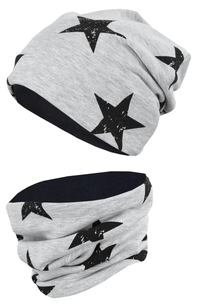 TupTam Uni Kinder Beanie Mütze Schlauchschal Set, Farbe: Sterne Schwarz / Grau Meliert, Größe: 50-52