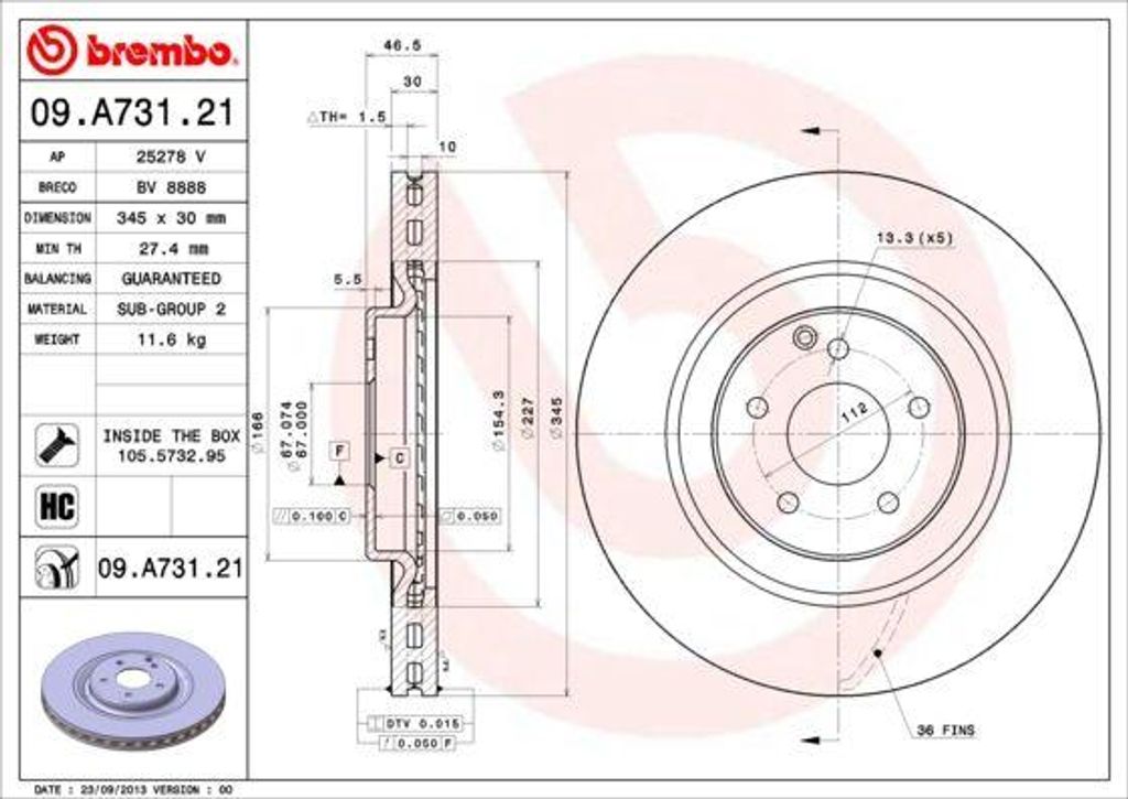 BREMBO 09.A731.21 Bremsscheibe OE 2094210012 kompatibel mit CLK, C-Klasse