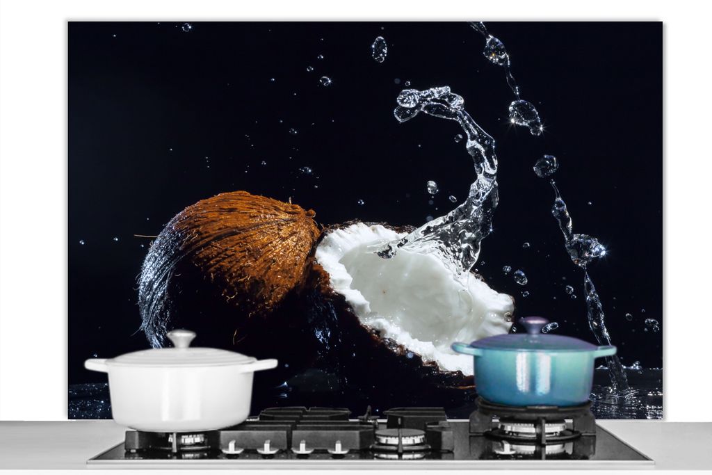 KitchenYeah Spritzschutz Küche - Küchenrückwand - Wandschutz für Herd und Spüle - Kokosnuss - Stilleben - Wasser - Schwarz - Frucht 120x80 ...