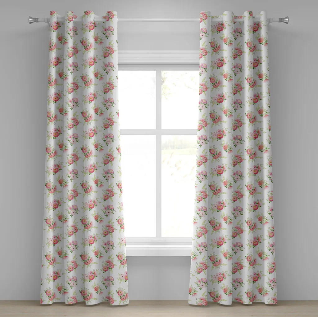 ABAKUHAUS Tenda con occhielli Shabby Flora, tema nostalgico con bouquet di boccioli di magnolia, stile rococò, stampa artistica fresca e naturale, tende decorative a 2 pannelli, 280 cm x 225 cm, verde rosa grigio bianco