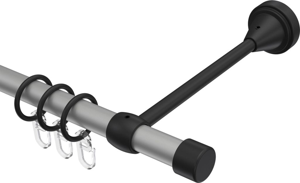 Interdeco Gardinenstange / Vorhangstange Silbergrau / Schwarz, Typ Primus Lucan (Kappe), 16 mm Ø 1-läufig, 260 cm