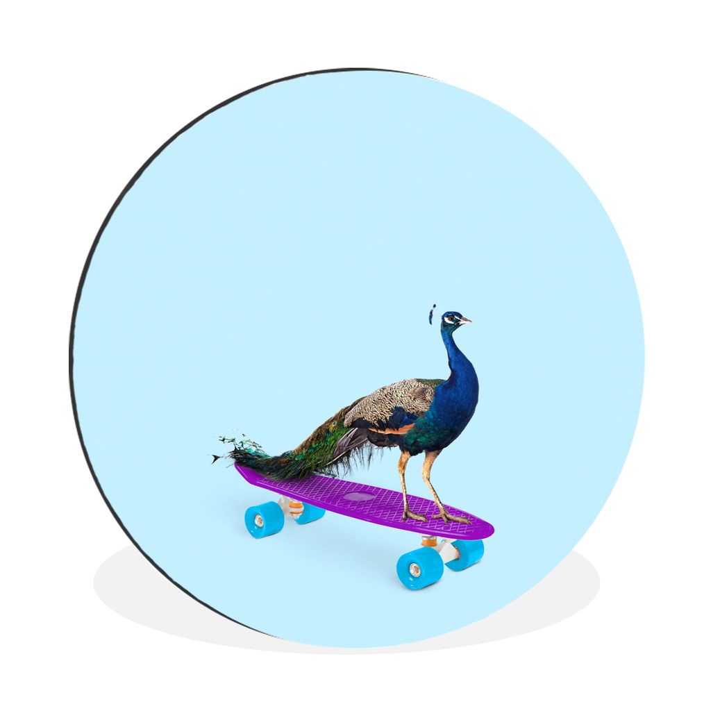 MuchoWow Aluminium Wandkreis Pfau - Blau - Skateboard - Tiere - Lustig Ø 90 cm Wanddeko Modern Wohnzimmer - Mauerkreis - Wandbilder - Runde Bild...