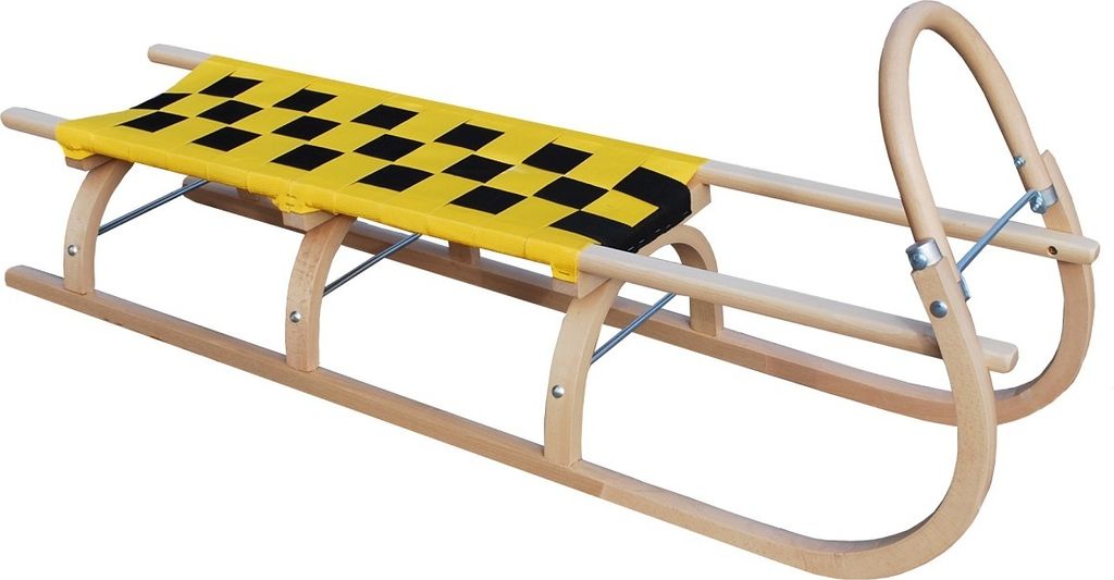 A wooden sled with a yellow and black checkered seat, shown from a side-diagonal angle against a white background.