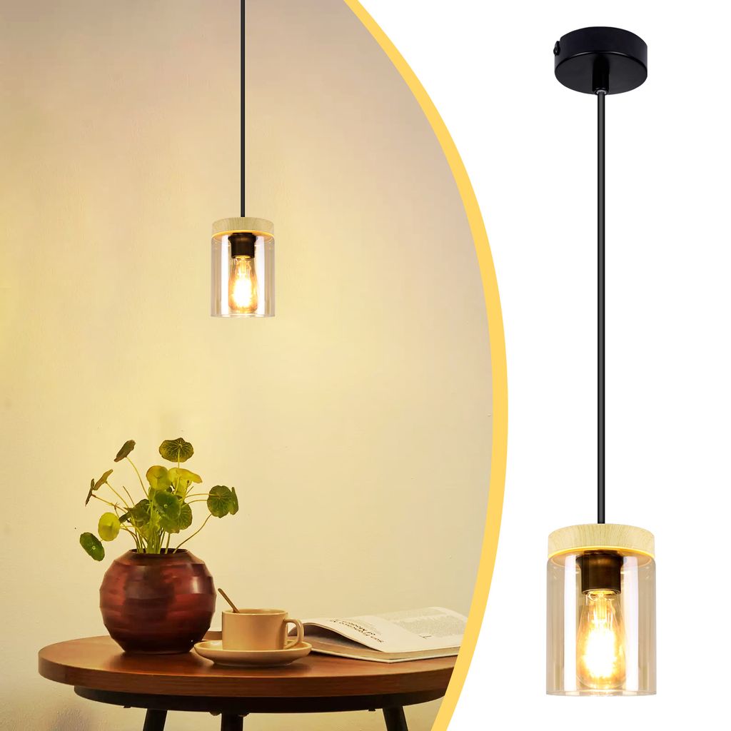ZMH Pendelleuchte Schwarz Glas Esstisch 1 Flammig Holz Hängelampe Vintage Metall Pendellampe E27 für Esszimmer Küche Wohnzimmer Schlafzimmer