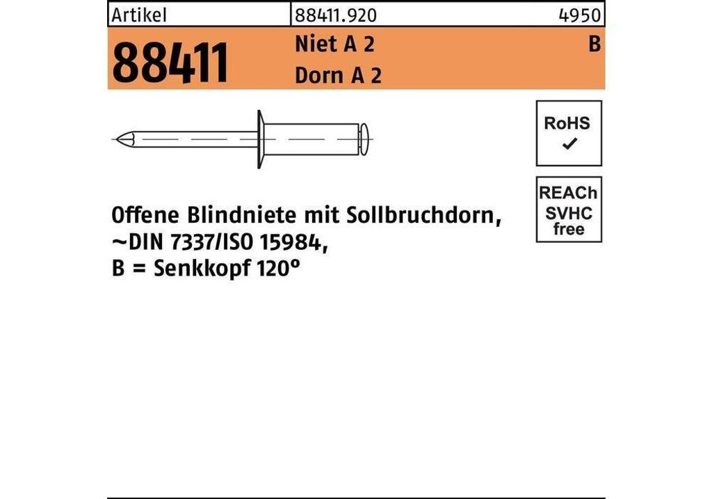 Reyher Offene Blindniete A2/A2 SEKO B 4x12 (500 Stück)