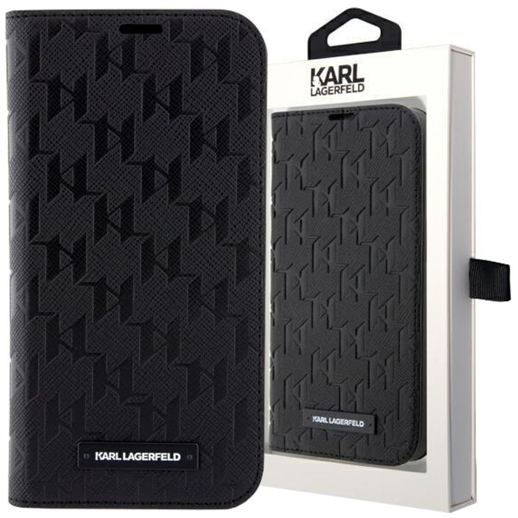 A black Karl Lagerfeld phone case is shown in its packaging.