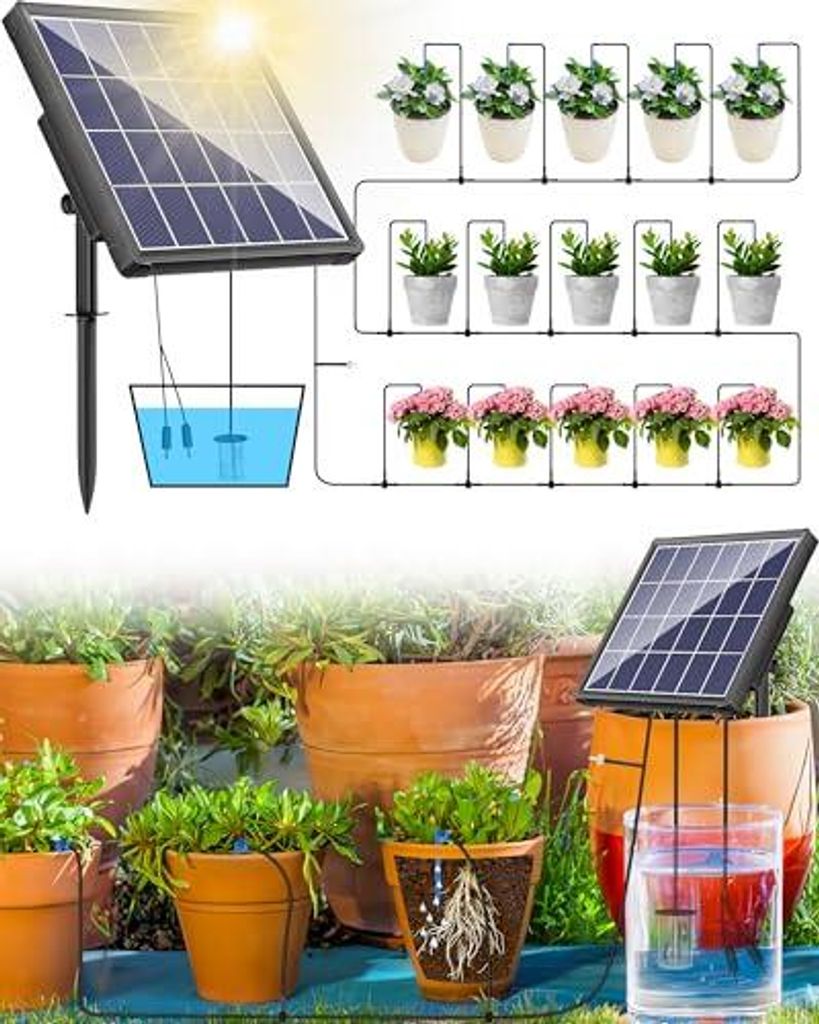 Biling Solar Bewässerungssystem Balkon 15M Bewässerungssystem Solar Tröpfchenbewässerung Automatische Solar Bewässerung 2.5W Solarbewässerung...