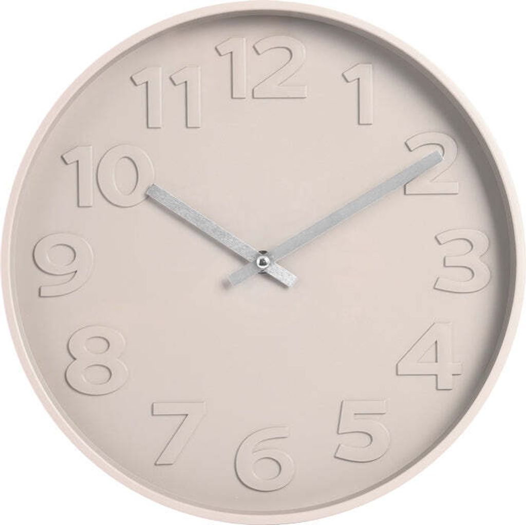 A close-up, front-facing view of a round, beige wall clock with embossed numbers and silver hands.