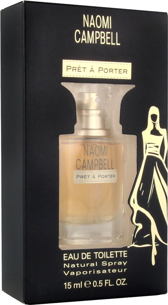 A product box for Naomi Campbell Prêt à Porter Eau de Toilette, showing the perfume bottle inside.