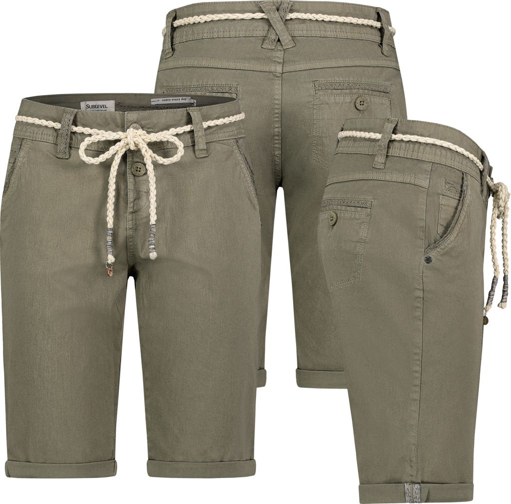 Damen Short Bermuda kurze Hose Sommer Chino Stoff knielang mit Gürtel