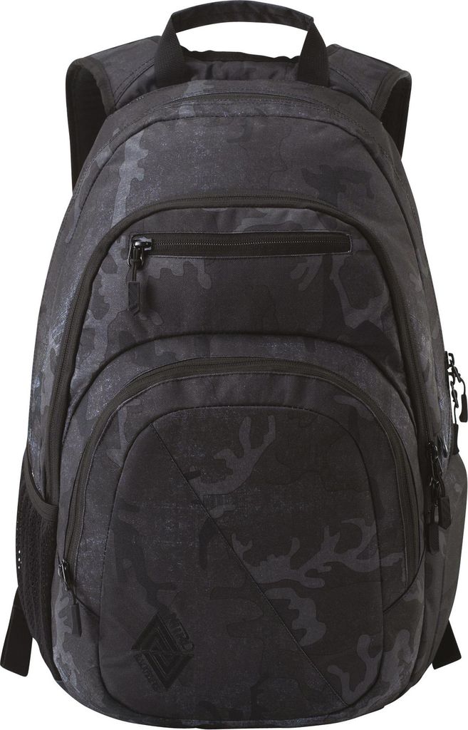 A black camouflage backpack is shown against a white background.