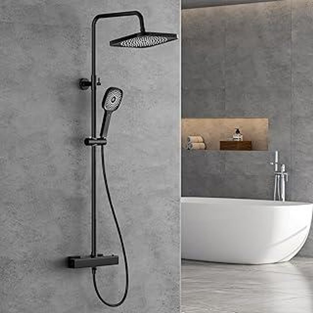 FORIOUS Duschsystem mit Thermostat,Edelstahl Duscharmatur Komplettset mit 25 cm Quadratisch-Overhead Regendusche,90-125cm Höhenverstellbare Duschs...