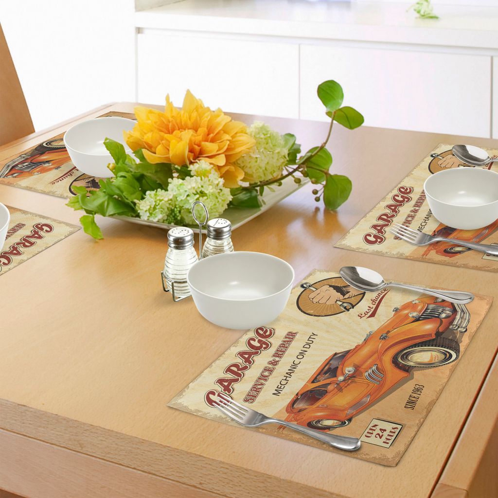 ABAKUHAUS Retro Platzmatten, Weinlese-Garagen-Werbung Artsy getragener Druck mit Maschinen und mechanischen Symbolen, Tiscjdeco aus Farbfesten Stof...