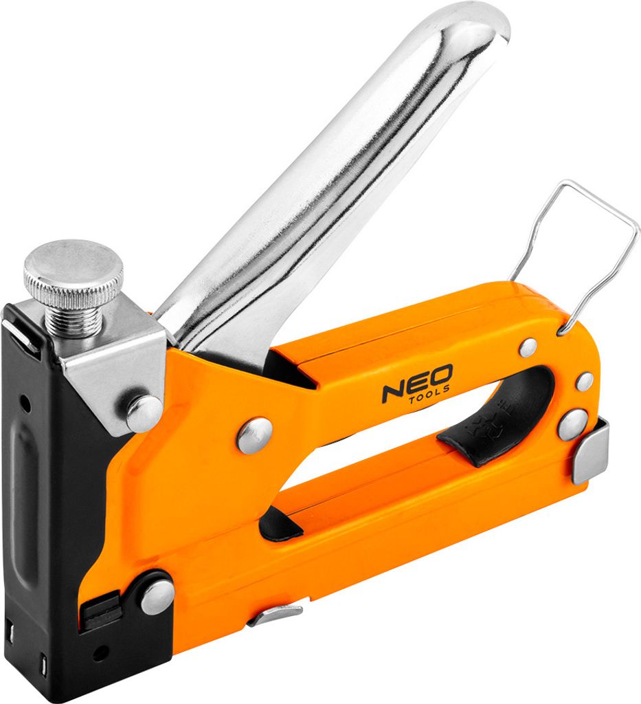 NEO TOOLS Möbelhefter Handtacker , 4–14 mm, für J-Klammern, Metallkörper, einstellbare Heftkraft, profilierter Griff, Sicherheitsschloss, Pols...