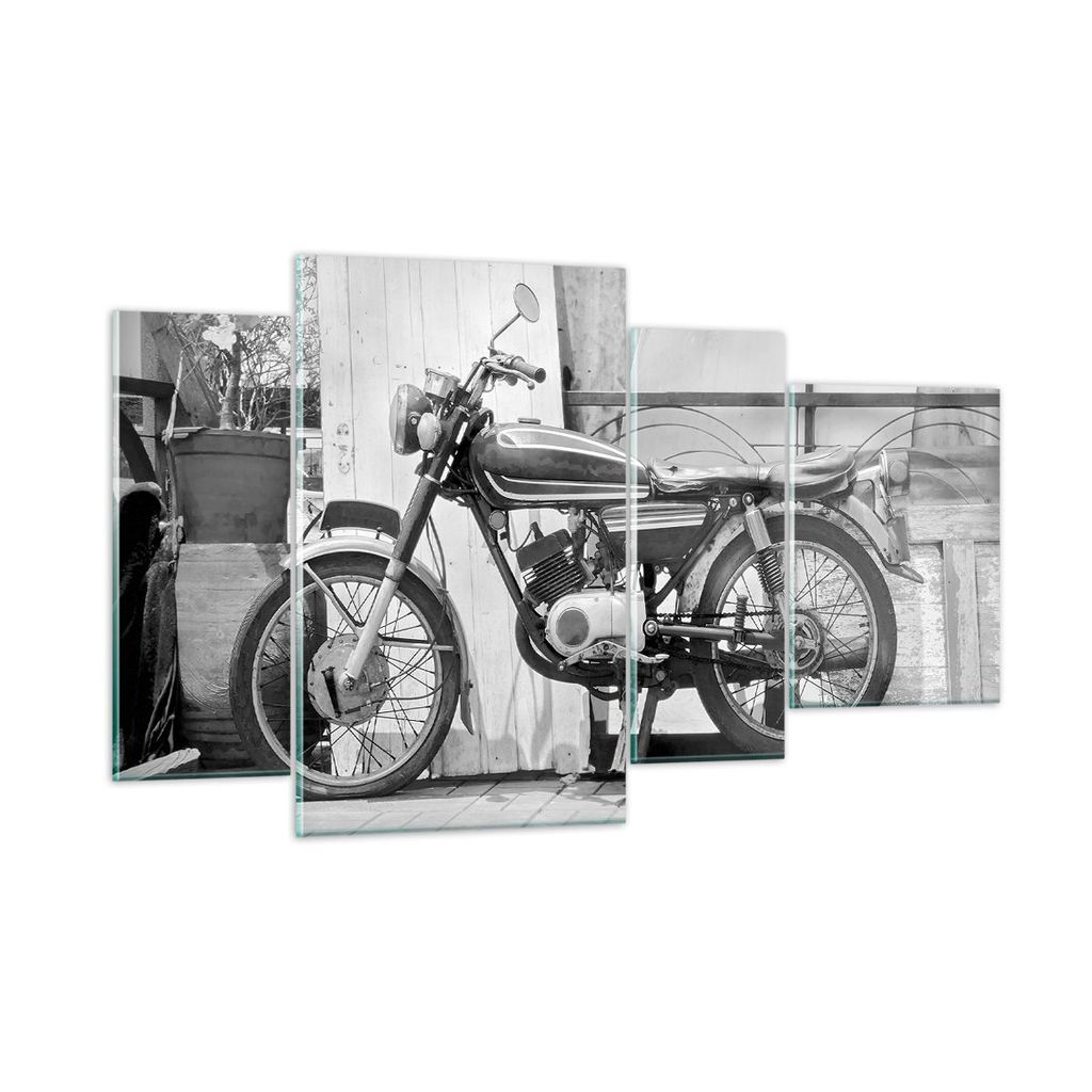 Bilder auf glas - 4 Teile - Alt Motorrad Schwarz und Weiß - 120x70cm - Glasbilder - Wandbilder - Bilder - Wanddekoration aus Glas - Glas Bilder - ...