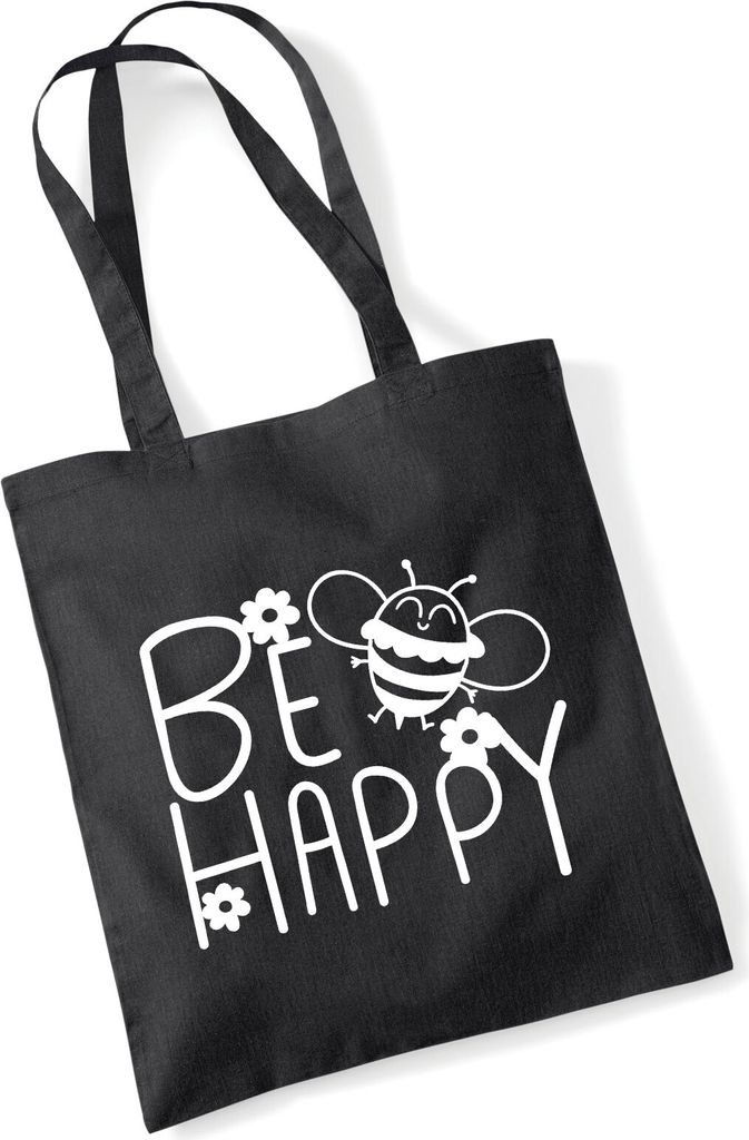 Huuraa Jutebeutel Be Happy Biene 10 Liter Black Baumwolle Tasche Geschenkidee
