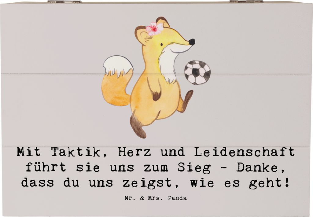 Mr. & Mrs. Panda Box Fußball Trainerin 22 x 15 cm - Grau Pastell - Geschenk, Holzkiste, Sportart, Mannschaft, Schatzkiste, Engagement, kiste holz,...