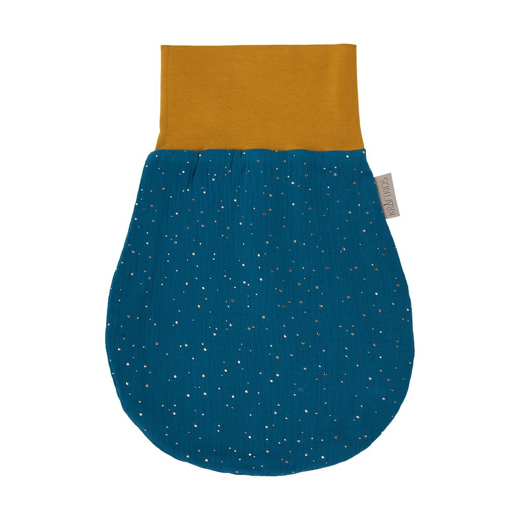 KraftKids Strampelsack Herbst Winter Musselin goldene Punkte auf Petrol 34 cm lang (0-6 Monate)
