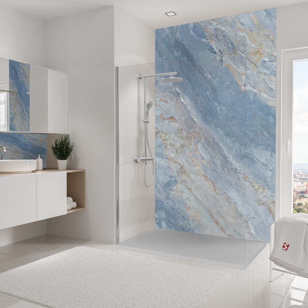 Schulte Duschrückwand Softtouch, 150x255 cm, Wandverkleidung Stein Marmor-Himmelblau, Aluminiumverbundplatte, fugenloser Fliesenersatz, EP19015254...