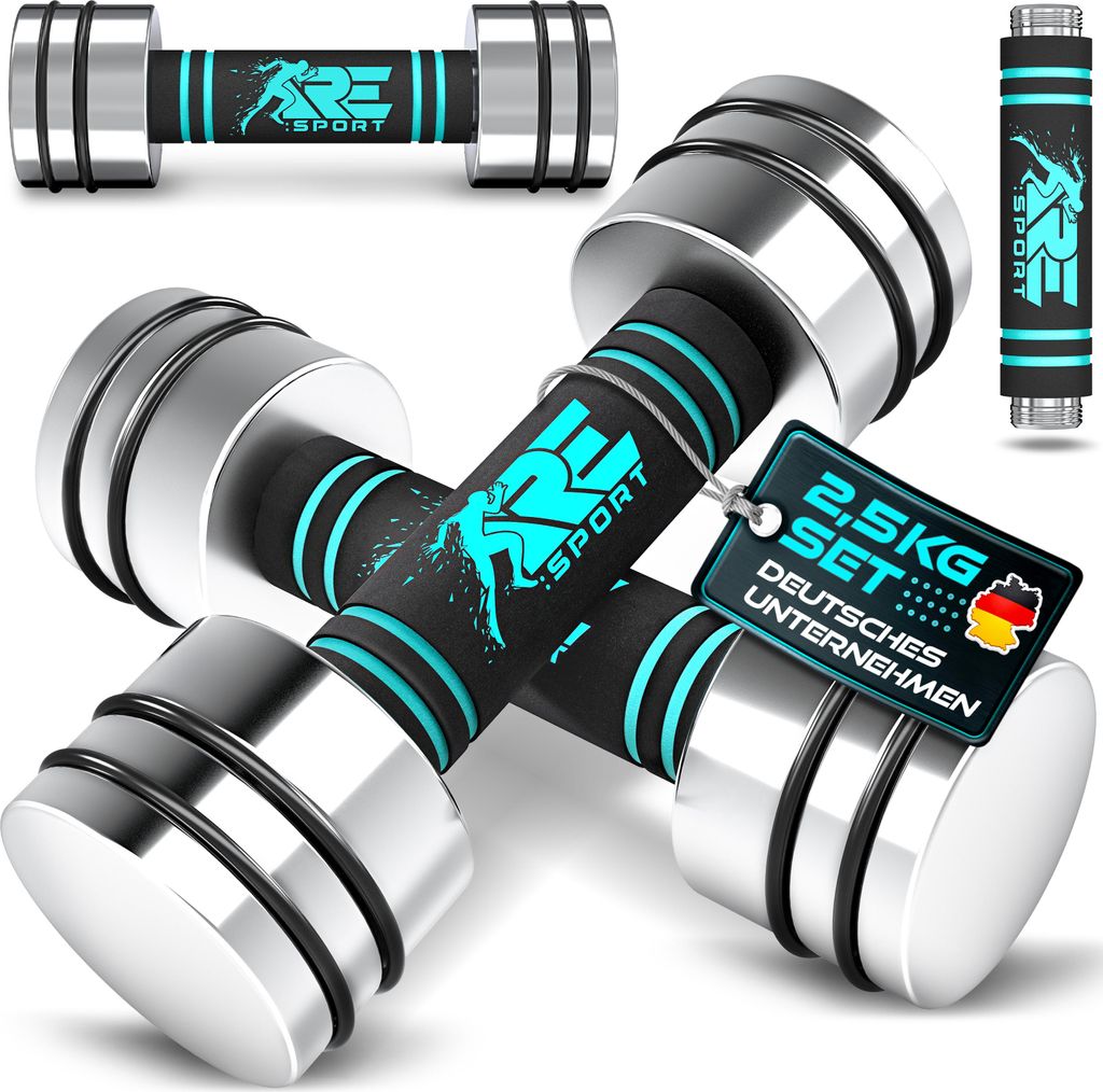 RE:SPORT 2er Hanteln Set aus massivem Stahl Türkis 2 x 2,5kg | Hantel Kurzhantel mit Gewichten & Schaumstoffgriff | Fitness Kurzhanteln Home Gym...