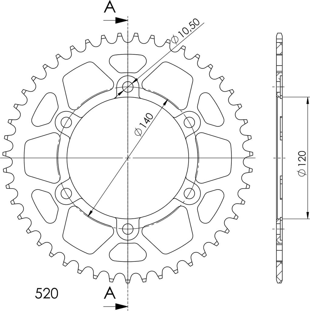 Alu-Kettenrad Supersprox 520 - 45Z (schwarz) RAL-1490:45-BLK|ID 120,0 LK 140,0 6-Loch/6-Loch