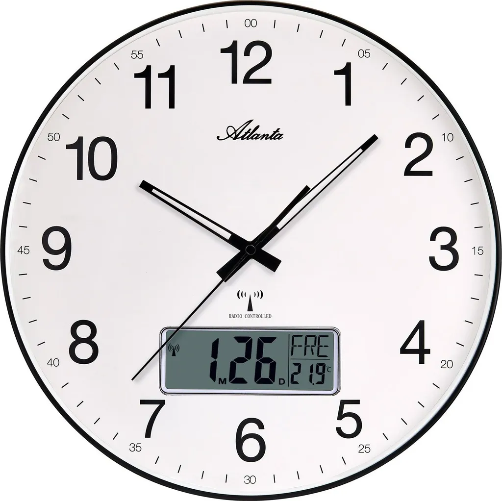 Horloge Murale Radio-pilotée Atlanta 4573 Noire Affichage Mixte LCD 30cm