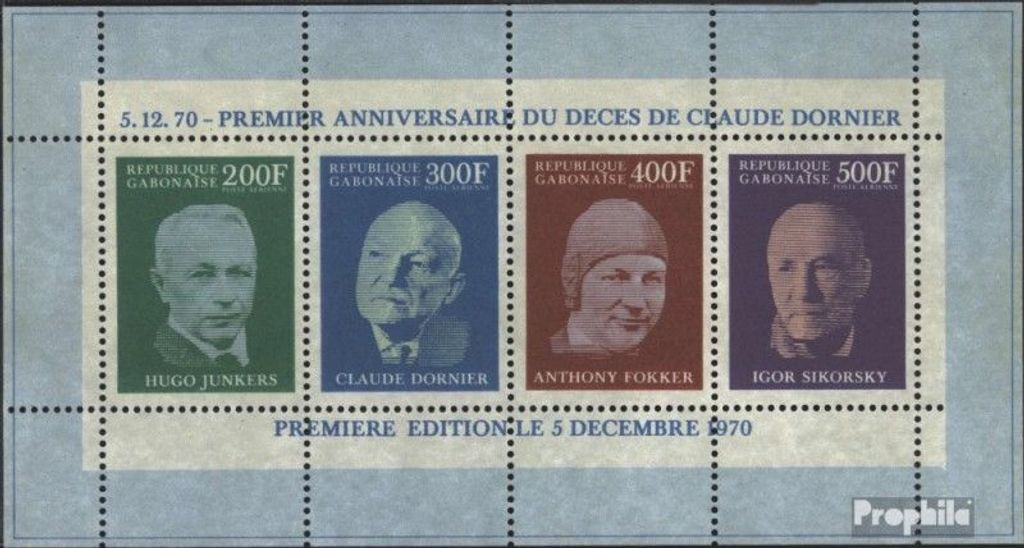 Briefmarken Gabun 1970 Mi Block16A (kompl.Ausg.) postfrisch 1. Todestag von Claude Dornier