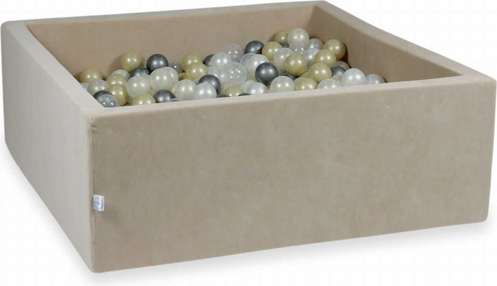 Bällebad 110x110x40cm Velvet Soft Beige – Mit 600 Bällen / Hellgold, Meerjungfraueneffekt, Perlmutt, Transparent, Silber