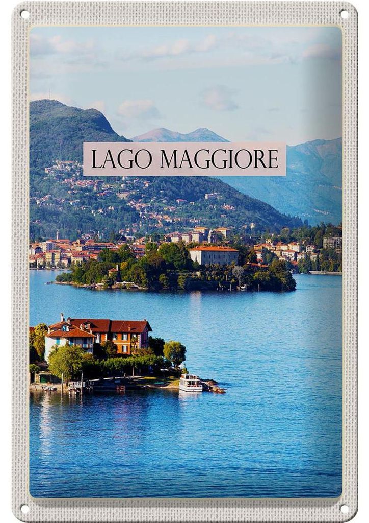 Blechschild Reise 20x30cm Lago Maggiore Aussicht auf Insel Meer