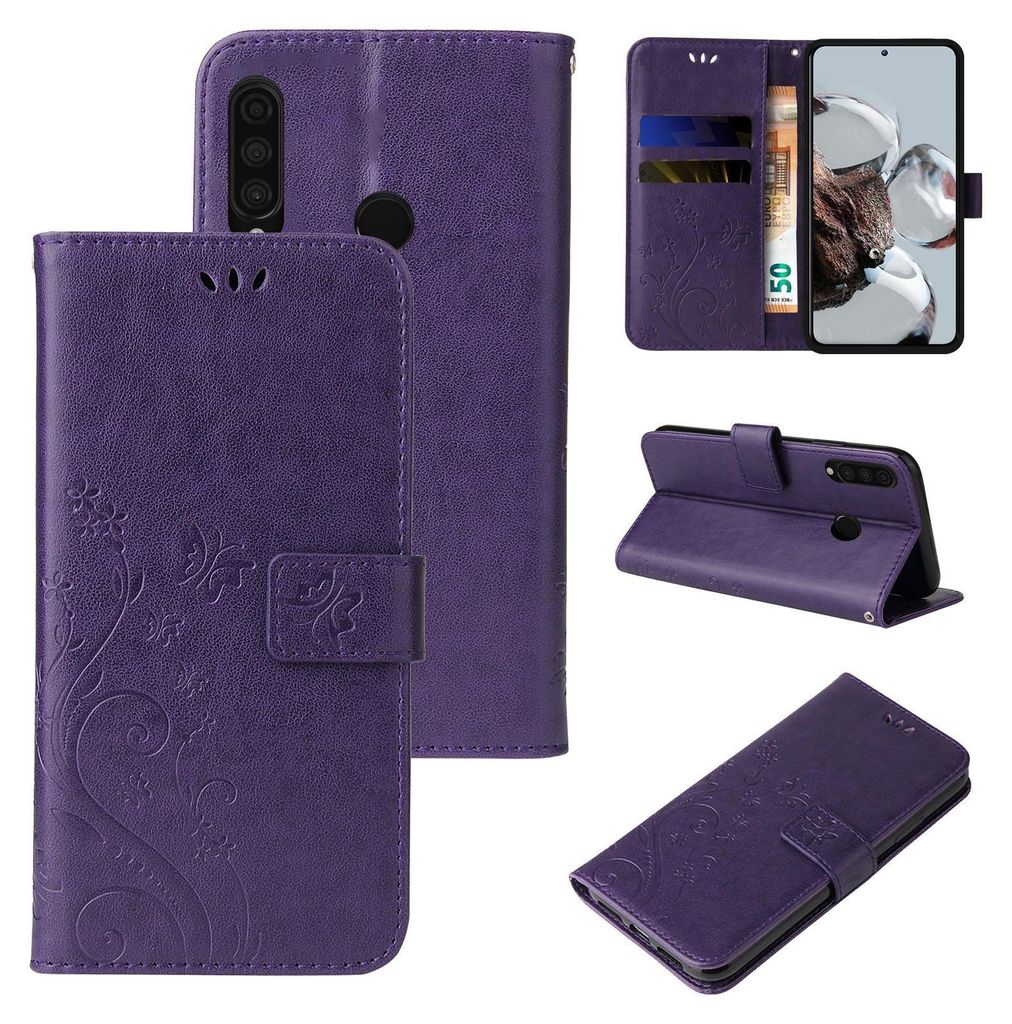 Collage of images showing a purple floral butterfly embossed flip phone case from different angles, including open, closed, and standing modes.