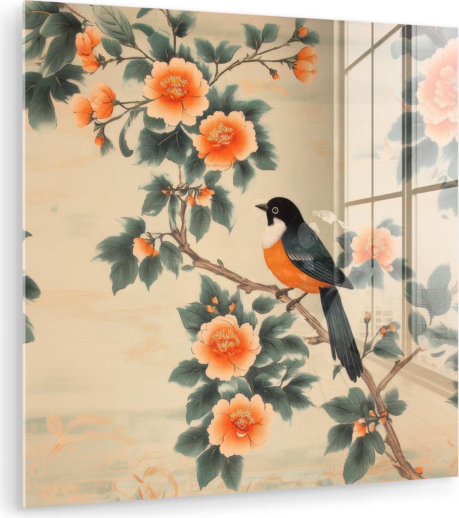 MuchoWow Glasbilder - Bilder auf Wandbild - Foto auf Glas Vogel - Zweig - Blumen - Orange 90x90 cm Wanddekoration aus Glas - Acrylglasbild - Acrylb...