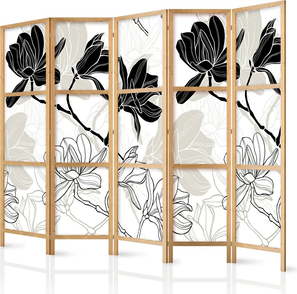 5-teiliger Einseitiger Vlies Japanischer Paravent - Black and White Flowers II 225x172 cm p-B-0011-z-c