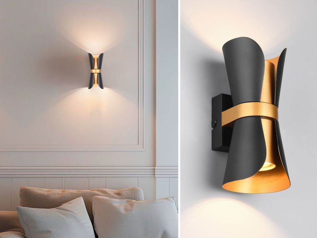 Up and down Wandlampe Schwarz Gold mit LED dimmbar, ausgefallene Wohnzimmerlampe