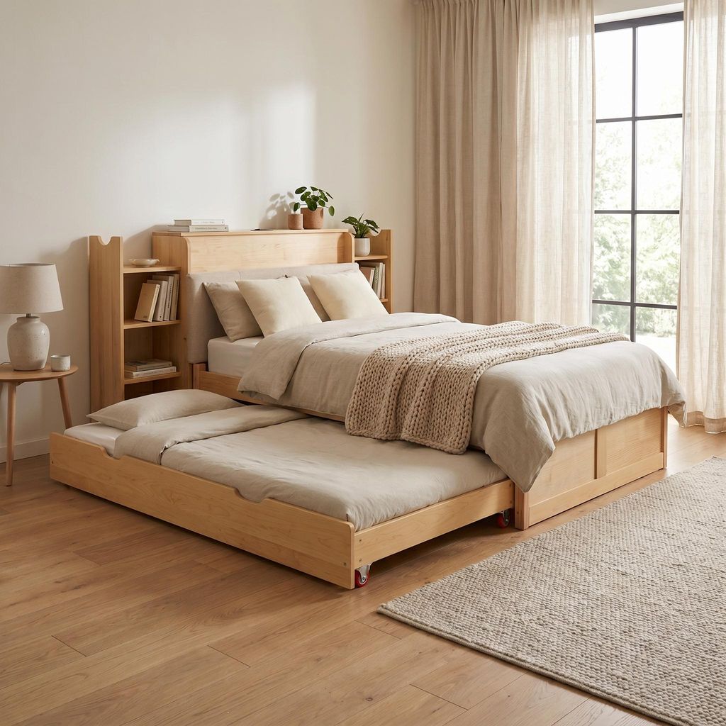 Funktionsbett 90x200 ausziehbar auf 180x200 cm, Bettgestell mit Lattenrost, USB & Steckdose, Polsterbett mit Stauraum & Rollen, Natur/Beige