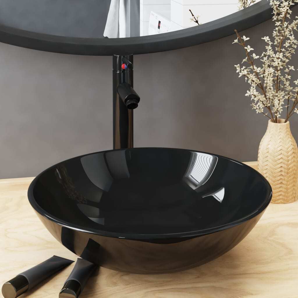 The Living Store Waschbecken mit Wasserhahn und Ablaufgarnitur aus gehärtetem Klarglas