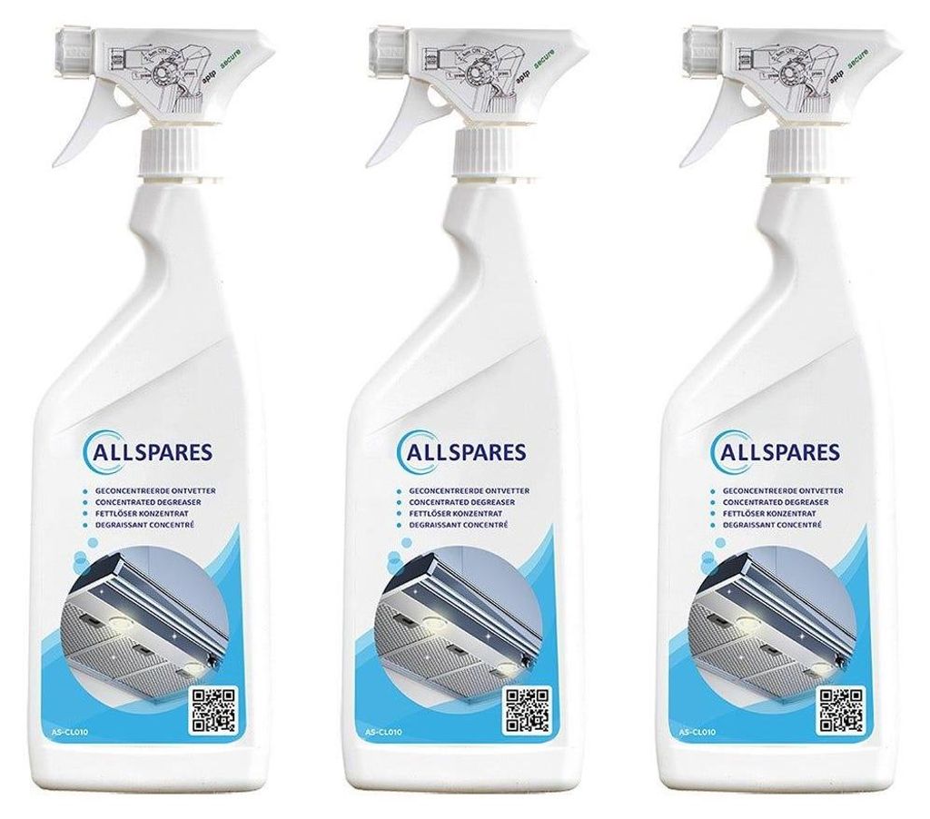 Three identical bottles of cleaning spray are arranged side-by-side against a white background. Each bottle features a label with branding and product information, including an image of a range hood filter.