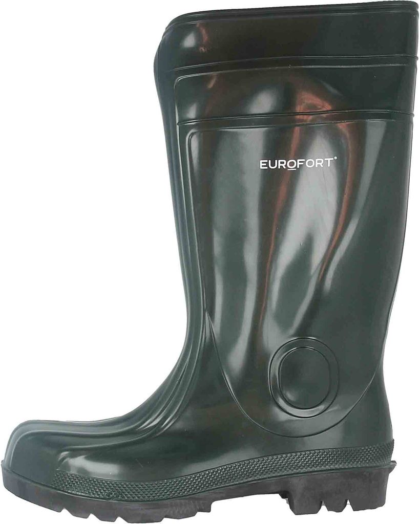 A green rubber boot is shown against a white background.
