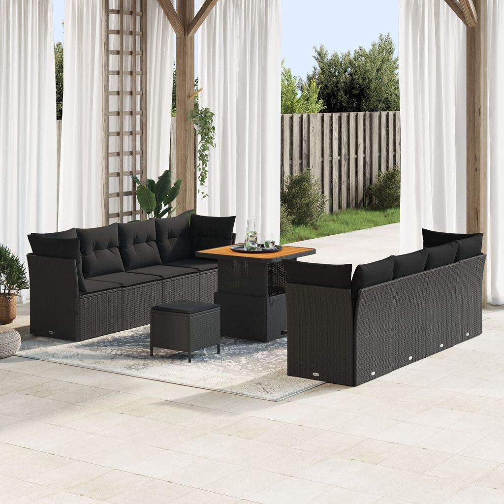Möbel 11-teiliges Garten Sofa Set mit Kissen Schwarz Poly Rattan Akazie, 3-teiliges Garten Esstisch Set mit Kissen Schwarz Poly Rattan Akazie - Ga...