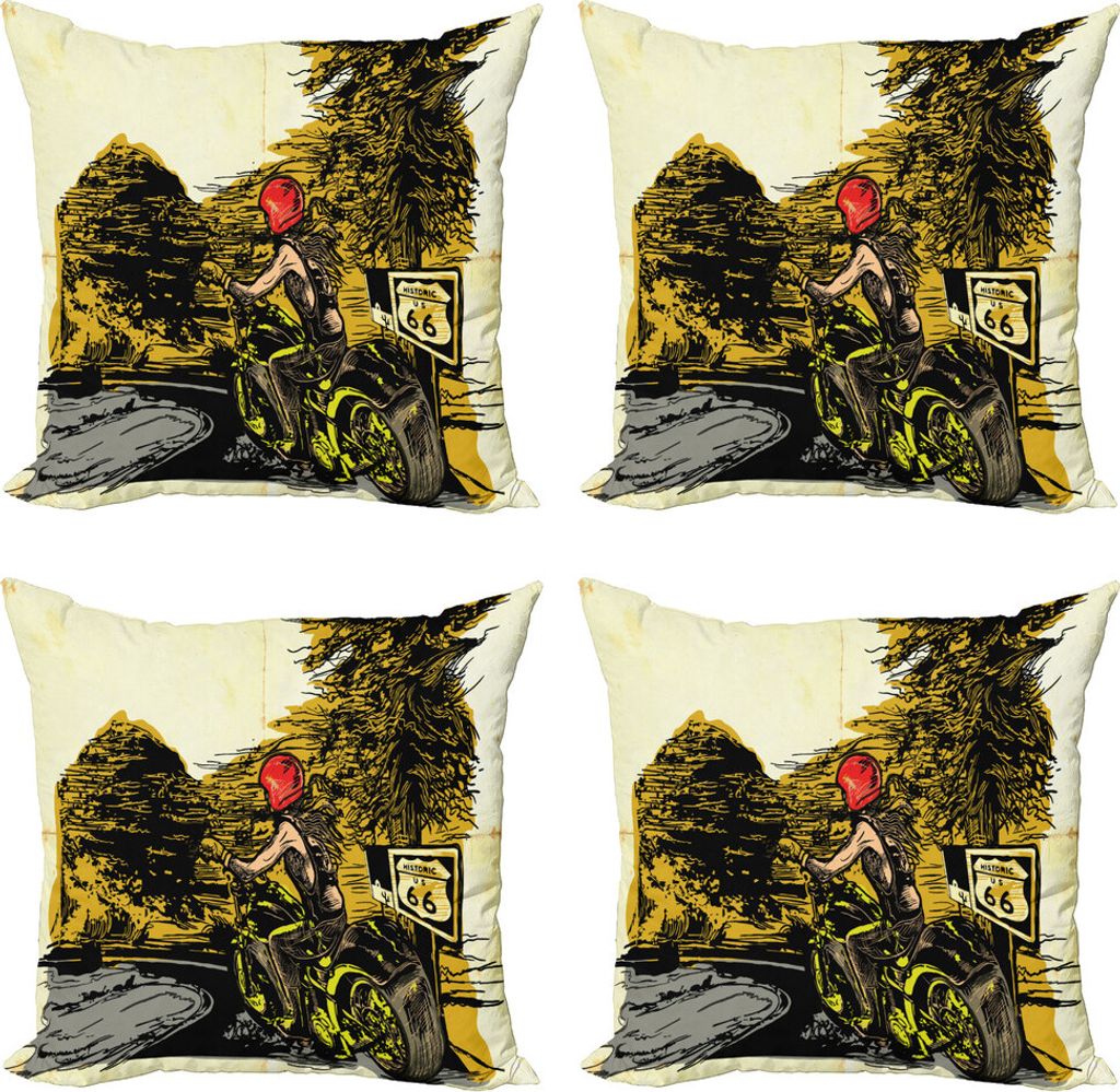 ABAKUHAUS Motorrad Kissenbezug Set (4 Stück), Mädchen auf einem Chopper, Moderner Doppelseitiger Digitaldruck, 40 cm x 40 cm, Mehrfarbig