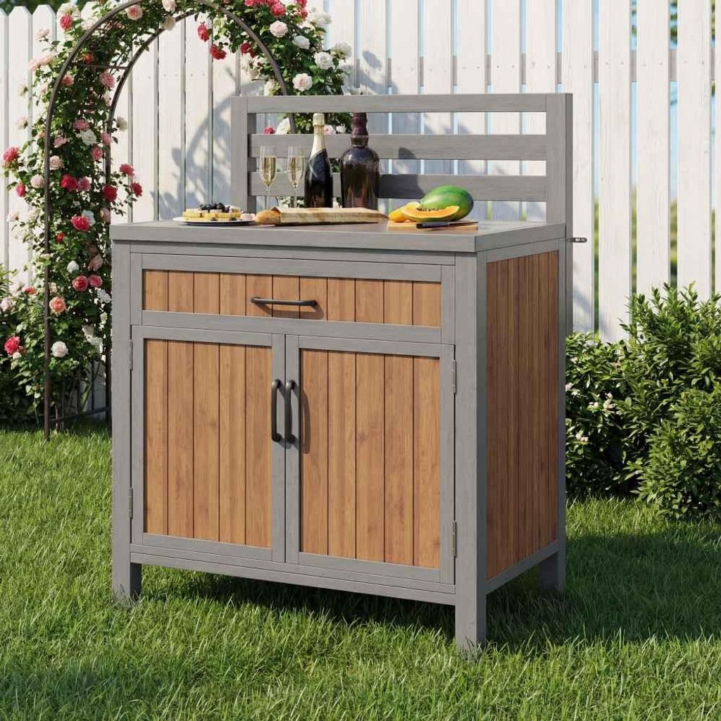Wetterfester Geräteschrank aus Holz für Terrasse & Balkon, mit großer Arbeitsfläche, Schublade und verstellbaren Regalen, ideal als Grillstation.