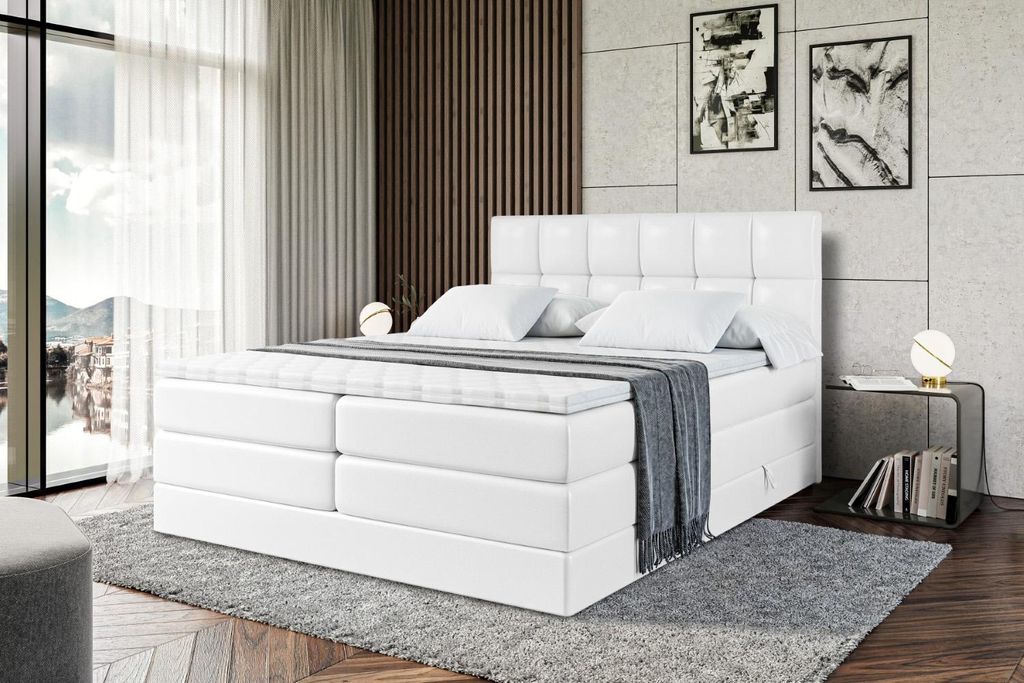 ALTDECOR Boxspringbett mit Matratze und Lattenrost - RICAR KING 200x200 cm - Weiß Kunstleder - Topper, Polsterbett mit Bettkasten, Bett mit Staura...