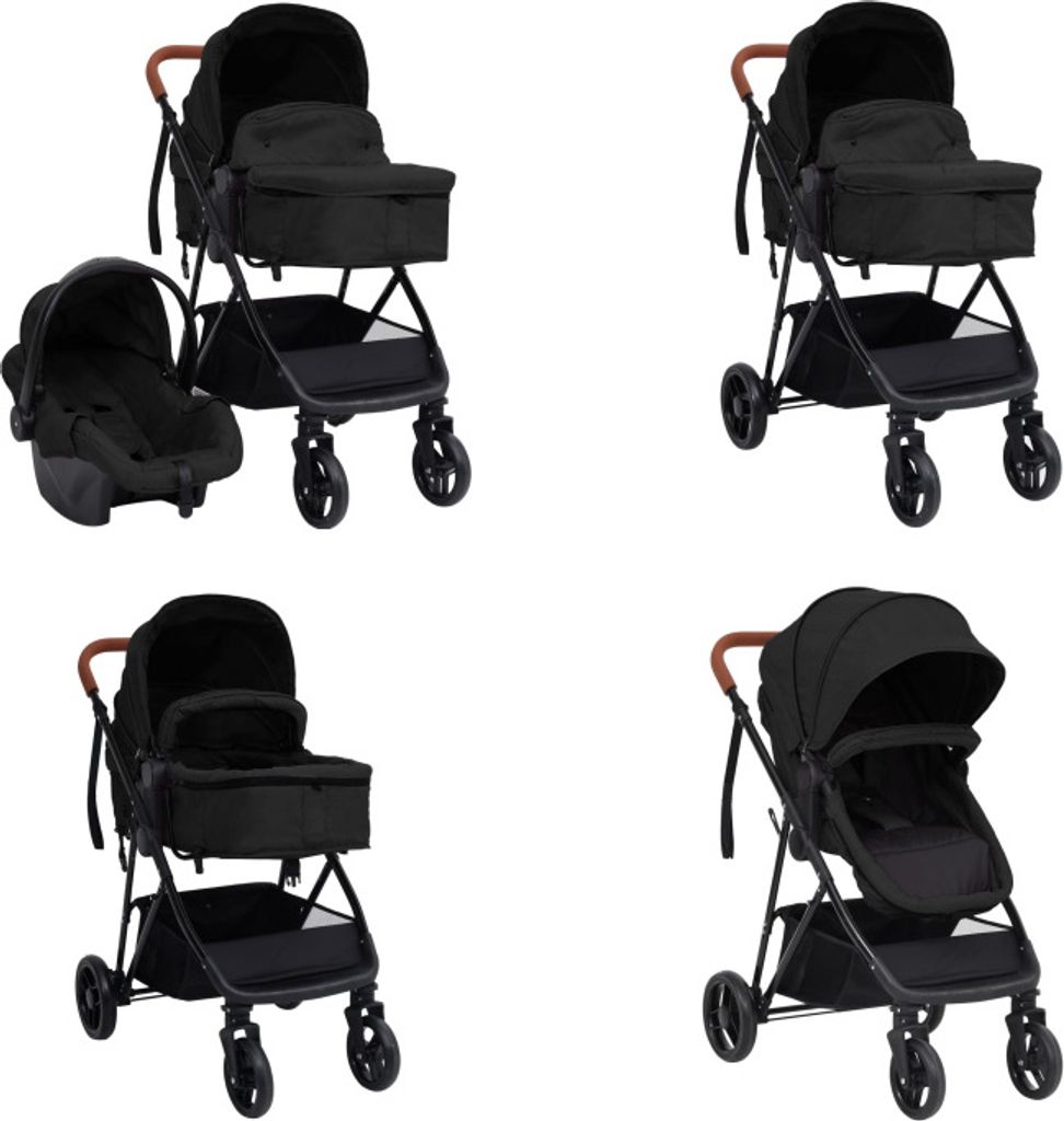 vidaXL 3 in 1 Kinderwagen Anthrazit und Schwarz Stahl - Kinderwagen - Babywagen - Sportwagen - Kombi-Kinderwagne